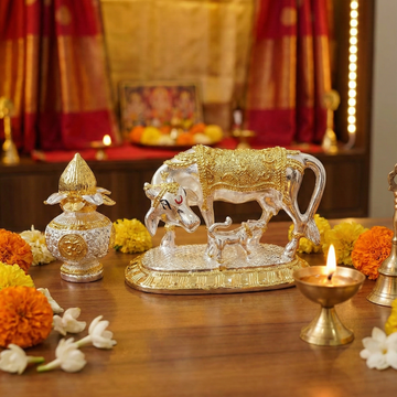 Kamdhenu Cow & Calf Idol + Nariyal Kalash Combo | Gold & Silver Plated Vastu Puja Set for Prosperity, Peace & Family Blessings