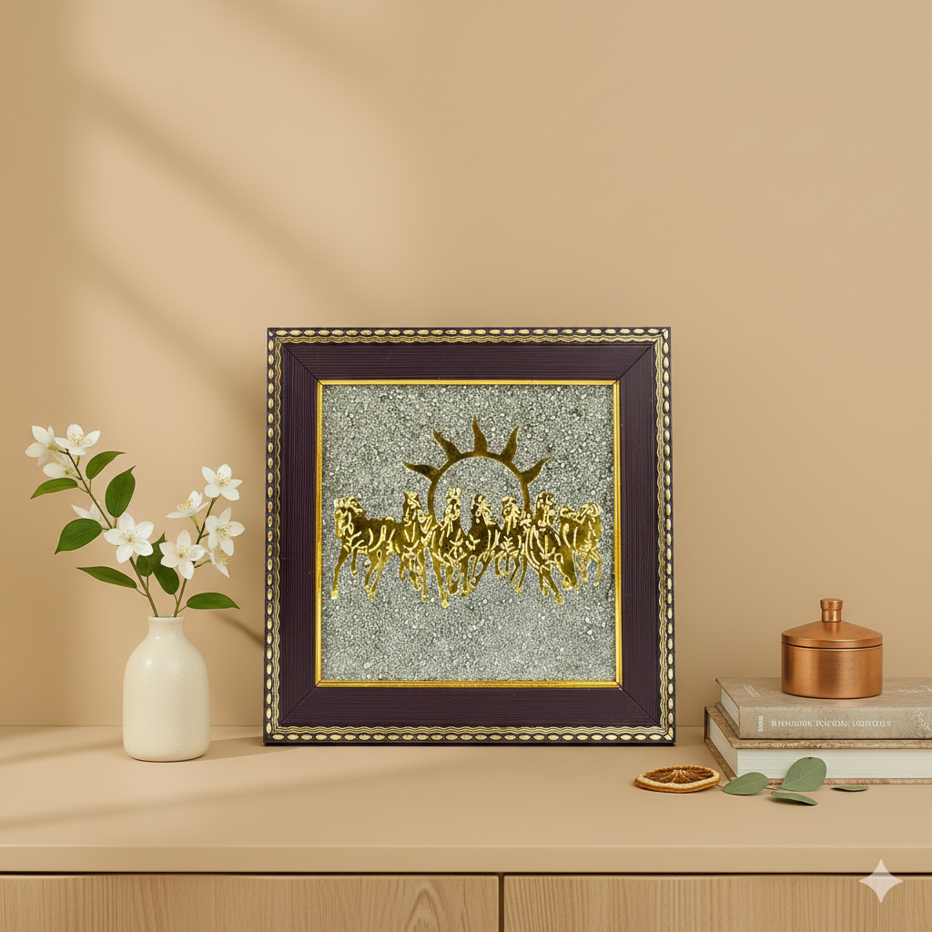 7 Horses on Raw Pyrite Frame | Vastu Wall Art for Success, Prosperity & Positive Energy