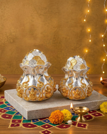 Royal Lakshmi Potli Kalash – Gold & Silver Plated Coin Kalash for Wealth, Prosperity & Auspicious Gifting