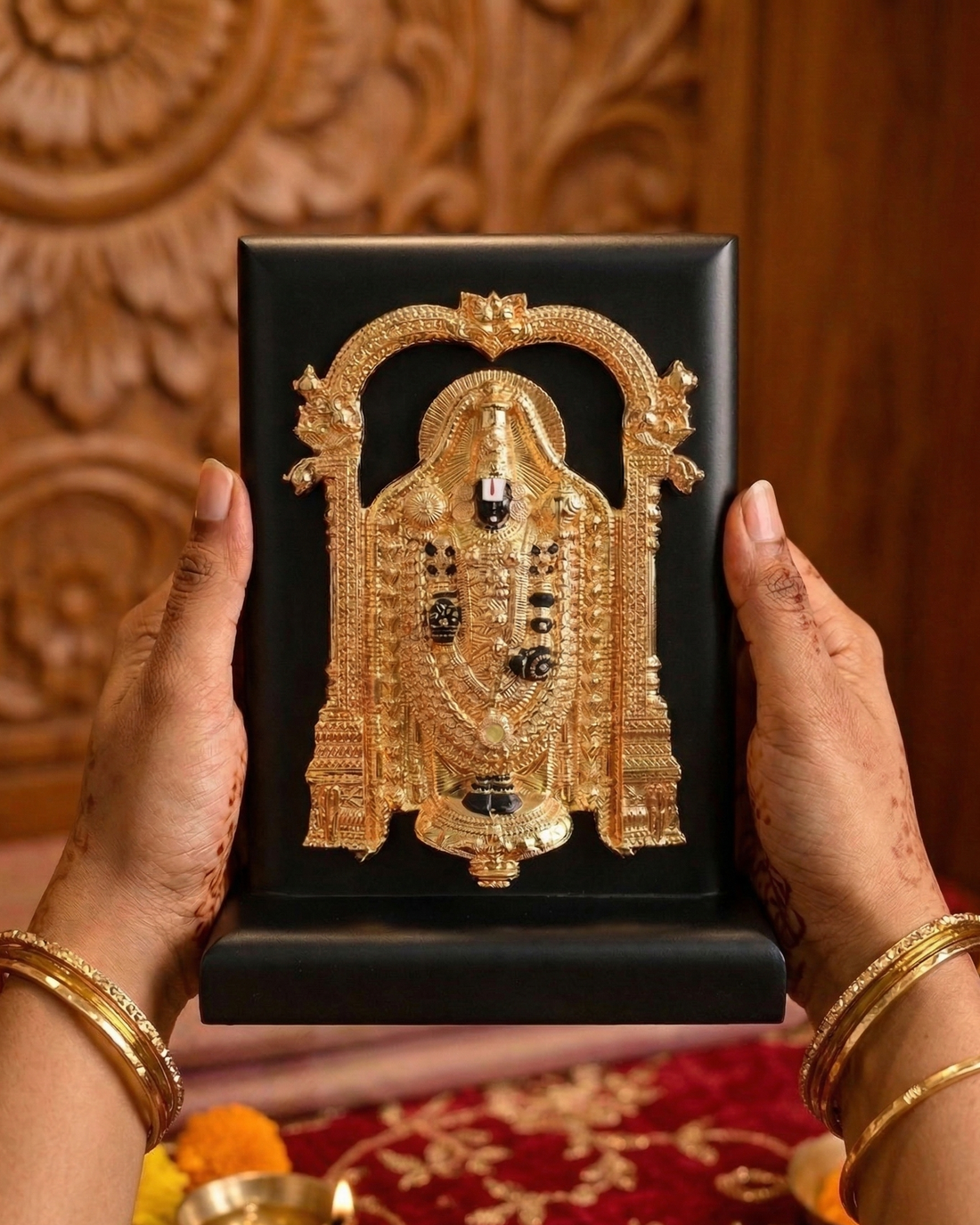 Gold Plated Tirupati Balaji Idol on MDF Base – Lord Venkateswara Murti for Home Temple & Gifting