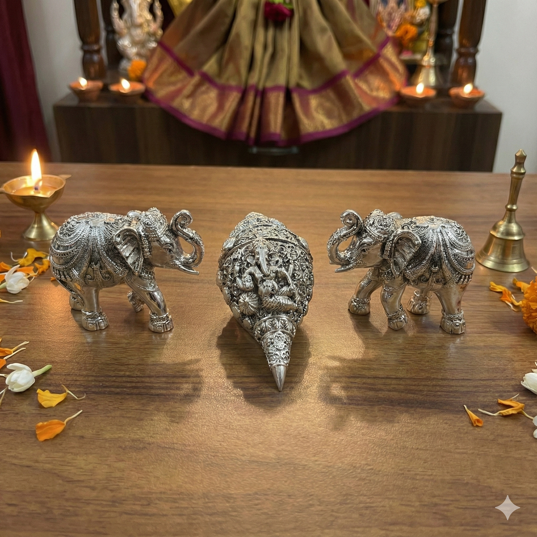 Ganesh Shankh (5 Inch) + Vastu Elephant Pair (Silver Plated) | Powerful Vastu Combo for Success, Protection & Prosperity
