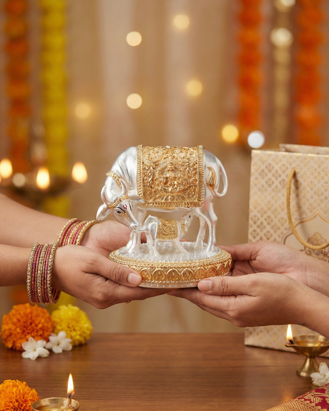 Gold & Silver Plated Shree Kamdhenu Cow Idol