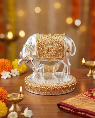 Gold & Silver Plated Shree Kamdhenu Cow Idol