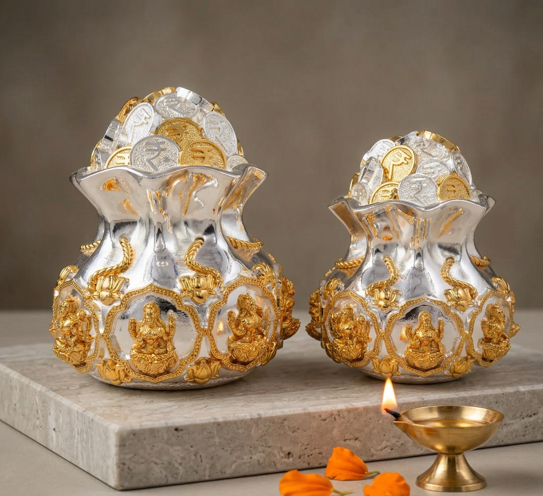 Royal Lakshmi Potli Kalash – Gold & Silver Plated Coin Kalash for Wealth, Prosperity & Auspicious Gifting