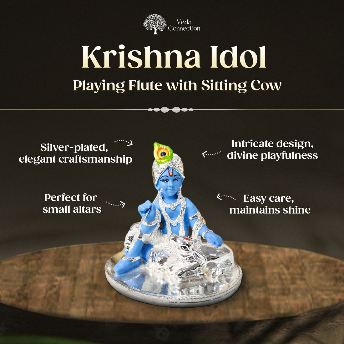 Silver Plated Krishna Idol Playing Flute with Sitting Cow – 4 Inches