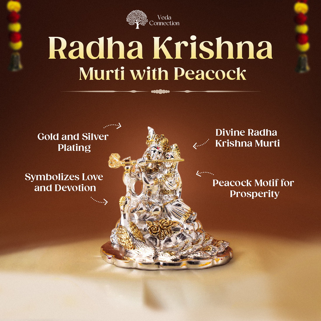 Radha Krishna Murti with Peacock - Gold and Silver Plated