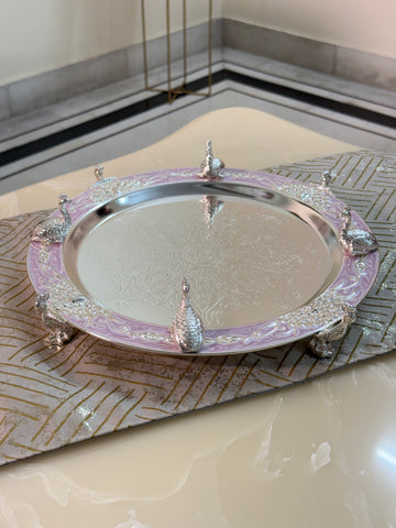 Silver Enamel Peacock Serving Tray for Bulk Orders | Premium Wedding, Corporate & Festive Gifting