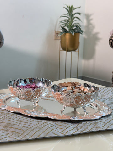 Silver Enamel 2 Bowls with Tray Combo for Bulk Orders | Premium Corporate & Wedding Gifting Set