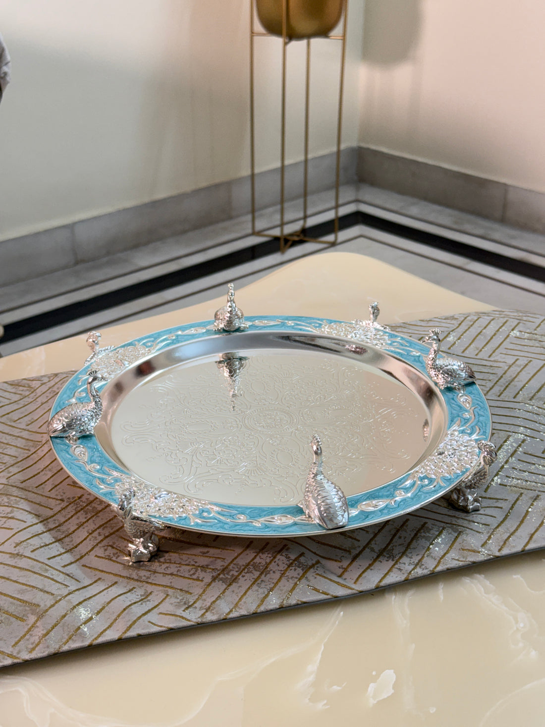 Silver Enamel Peacock Serving Tray for Bulk Orders | Premium Wedding, Corporate & Festive Gifting