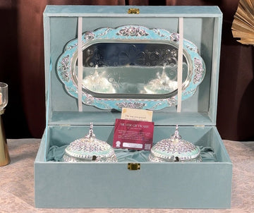 Silver Enamel Peacock Sugar Pots Set of 2 with Tray in Velvet Box | Premium Bulk Corporate & Wedding Gifting