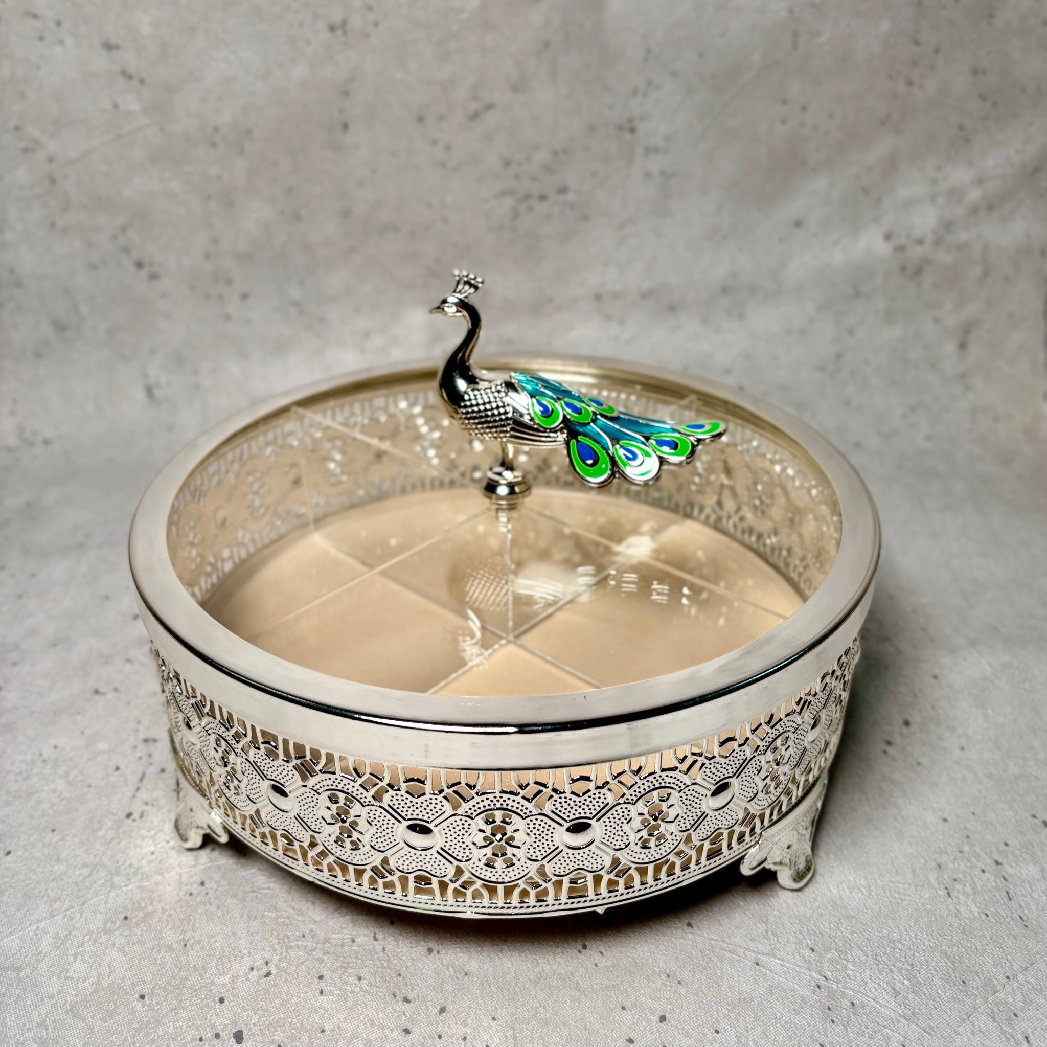 Peacock Dryfruit Box – 4 Compartment Silver Gift Box