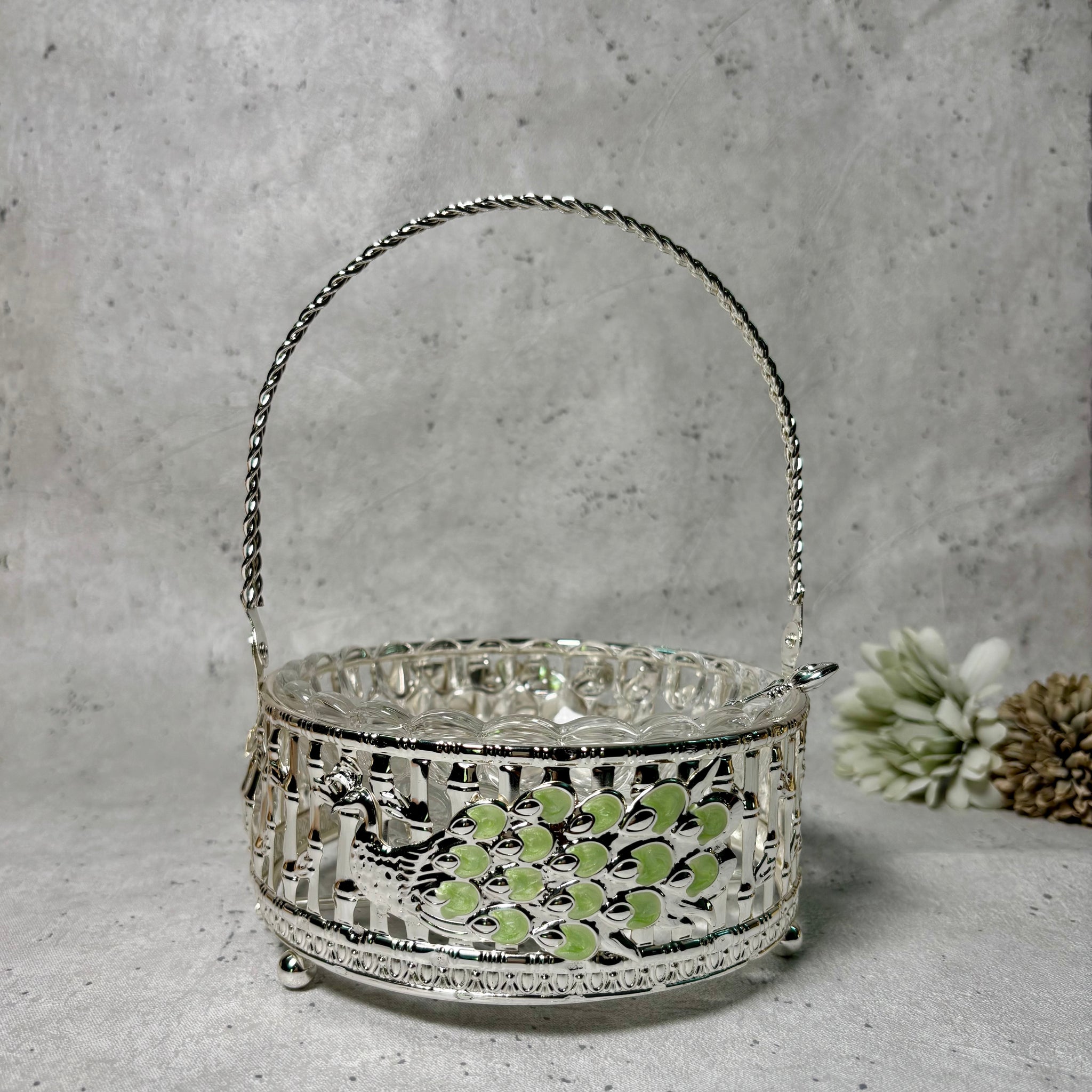 Silver Peacock Handle Basket with Glass Bowl