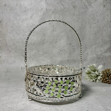 Silver Peacock Handle Basket with Glass Bowl