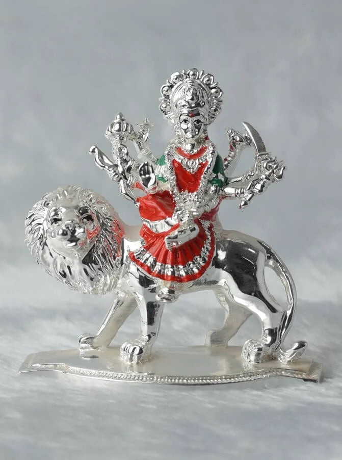 Veda Connection Shera Wali Mata Idol - 3.75 Inches (24K Gold & 999 Silver Plating)