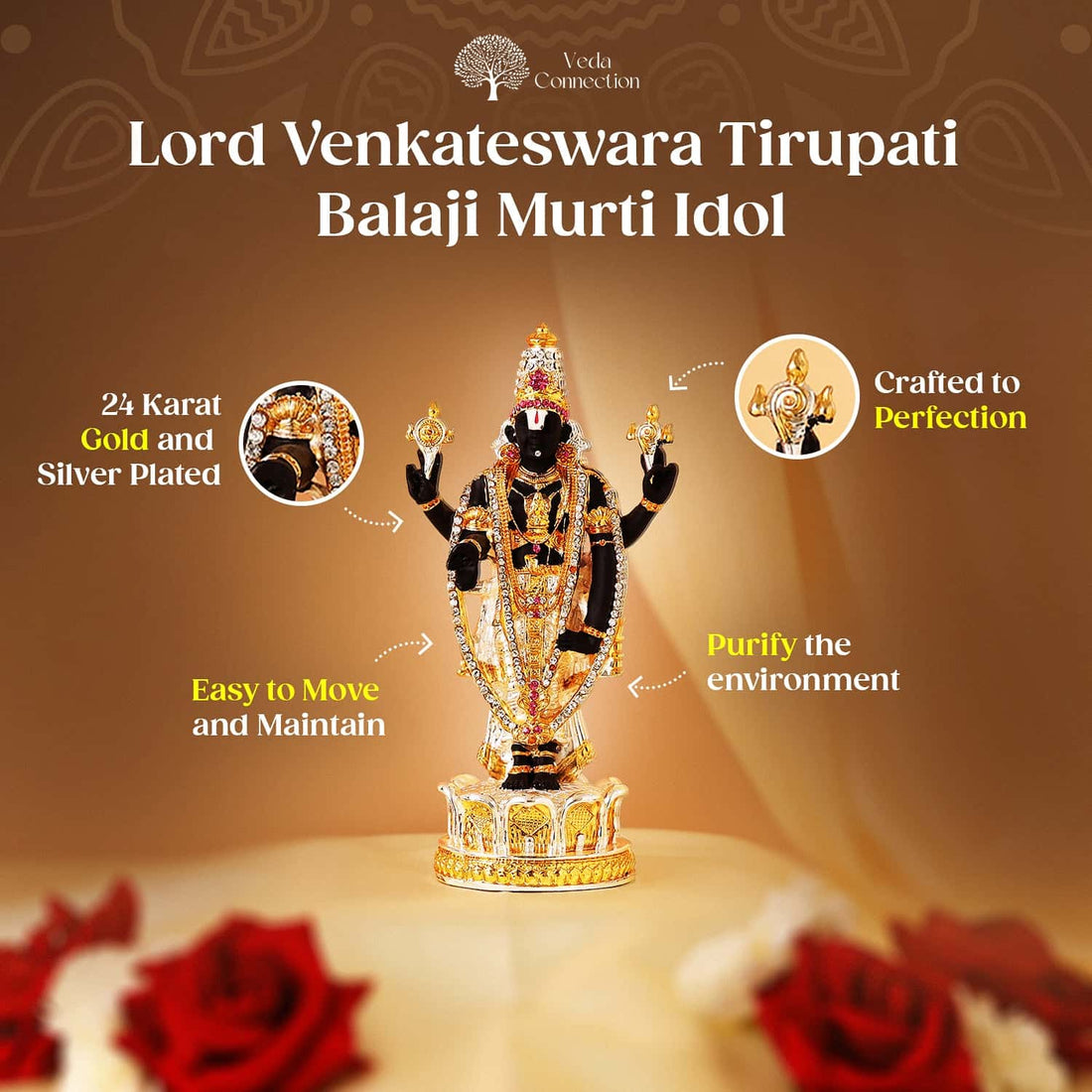 Lord Venkateswara Tirupati Balaji Murti Idol 24 Karat Gold and Silver Plated