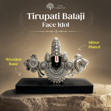 Silver Plated Tirupati Balaji Face Idol on Wooden Base