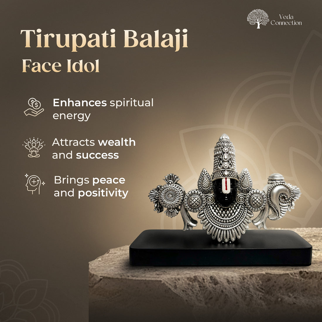 Silver Plated Tirupati Balaji Face Idol on Wooden Base