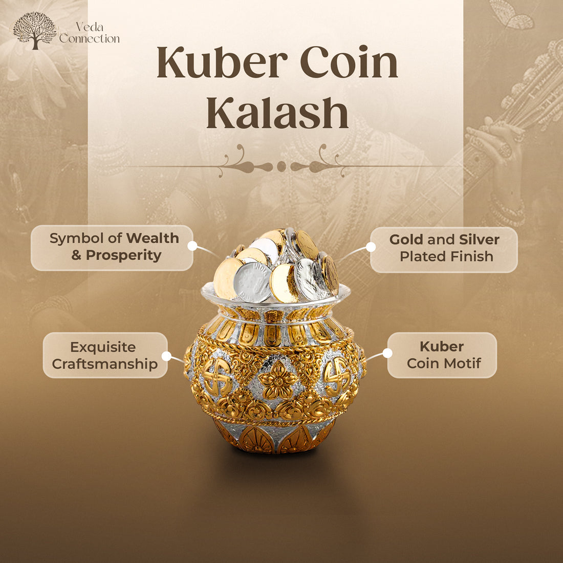 Kuber Coin Kalash Gold & Silver Plated – Symbol of Wealth & Prosperity (5 inches)