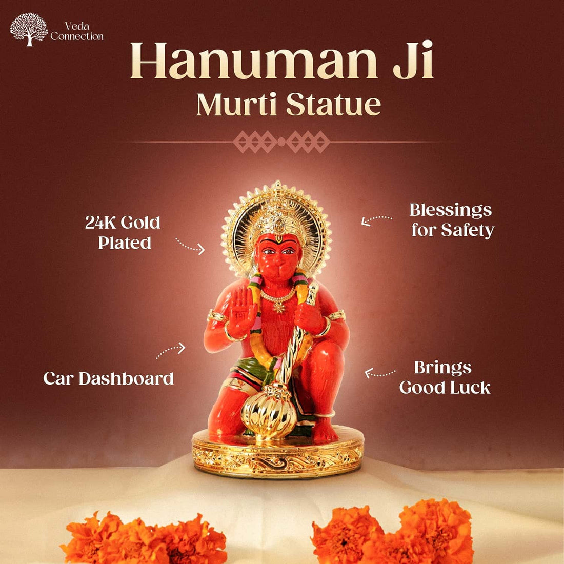 Hanuman Ji Murti Statue 24K Gold Plated for Car Dashboard