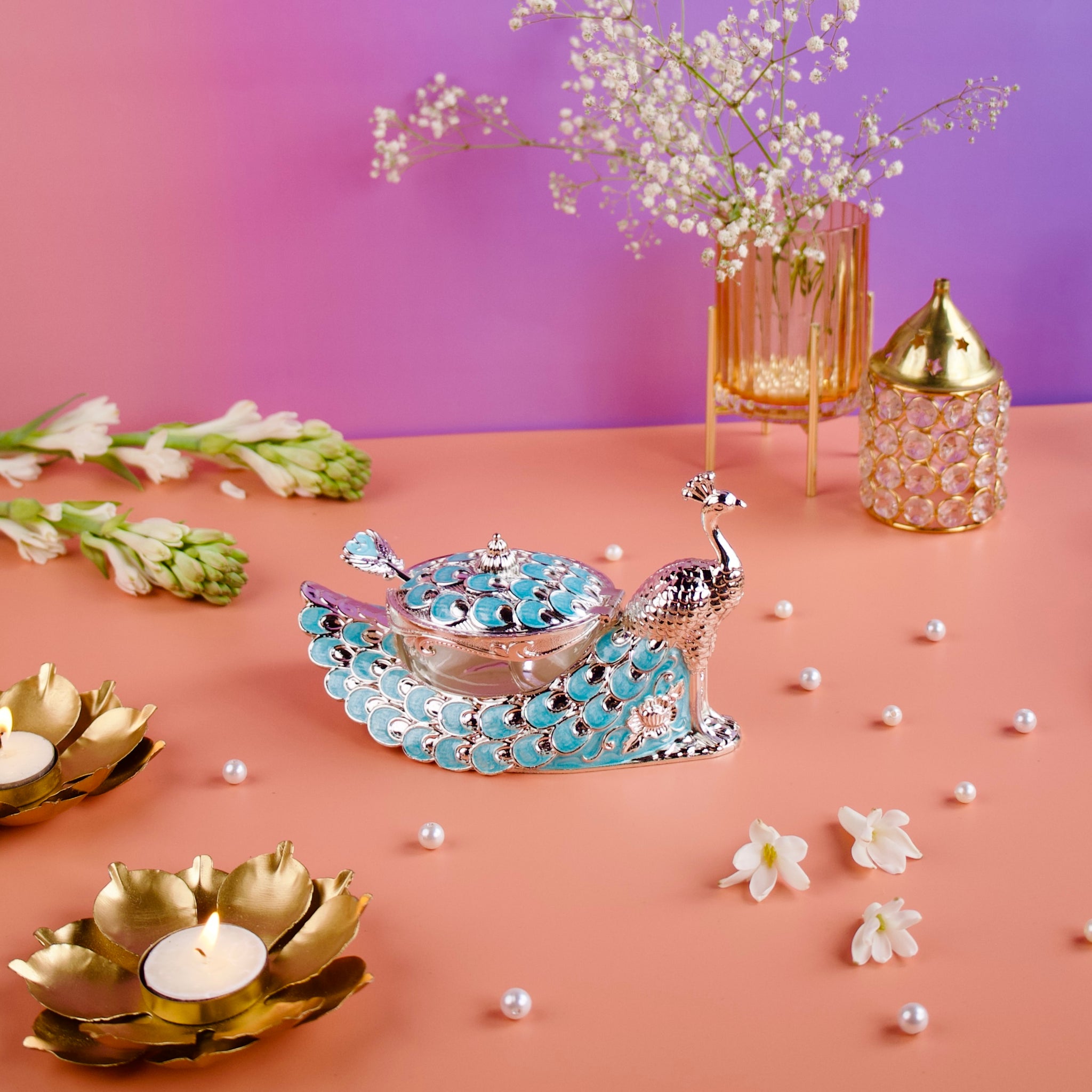 Peacock Feather Enamel Sugar Pot