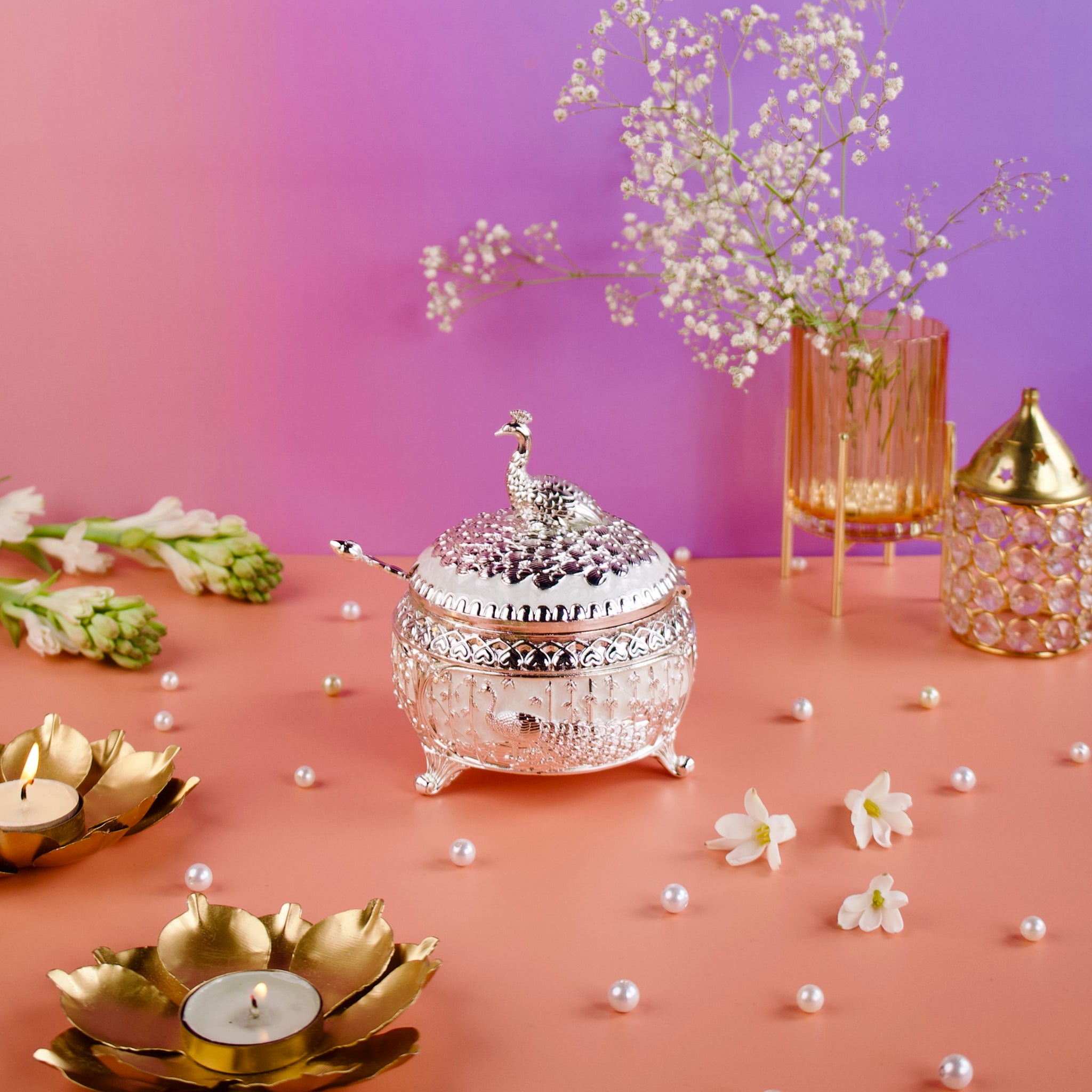 Peacock Enamel Round Sugar Pot – Silver Plated