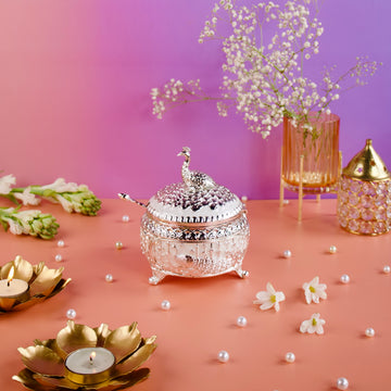 Peacock Enamel Round Sugar Pot – Silver Plated