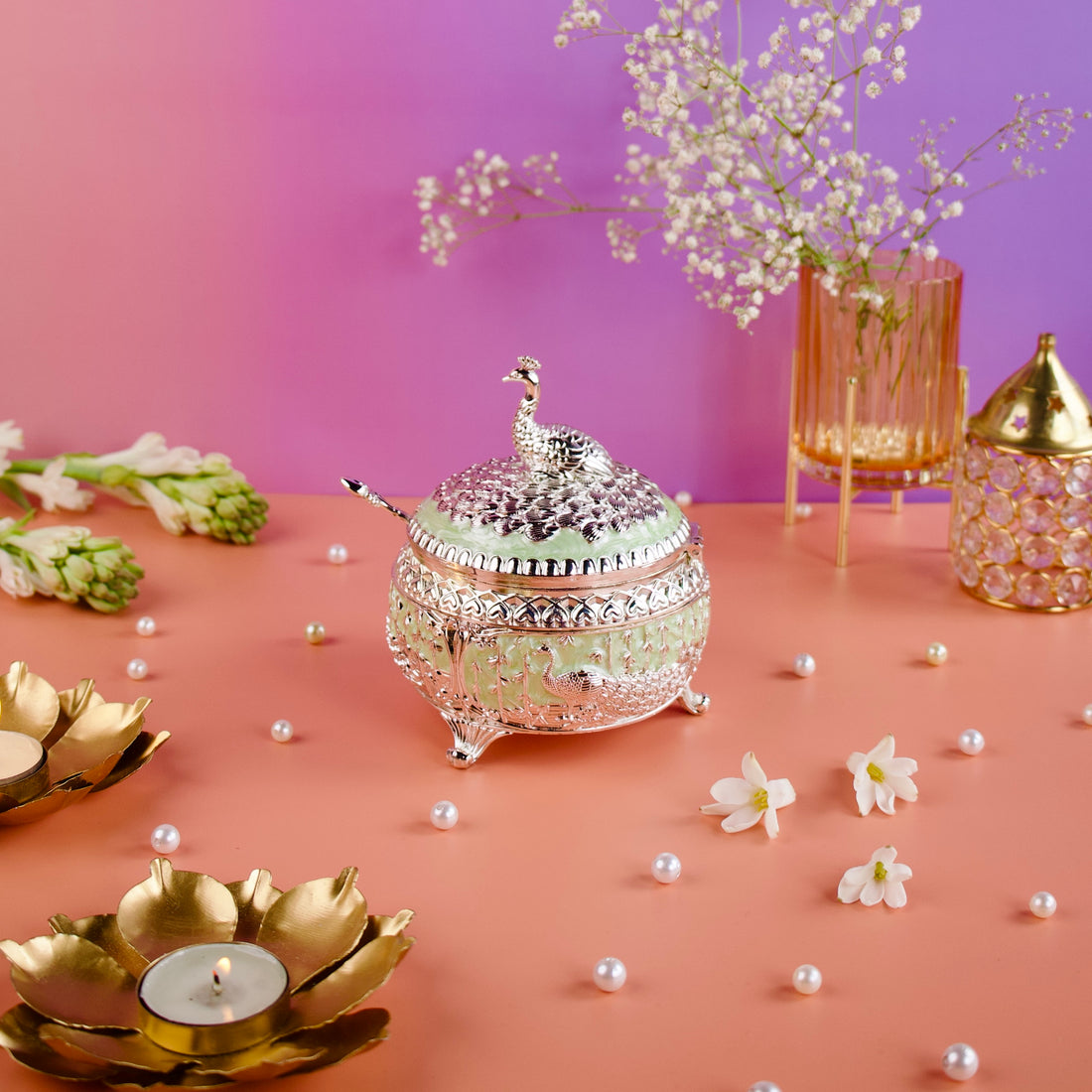 Peacock Enamel Round Sugar Pot – Silver Plated