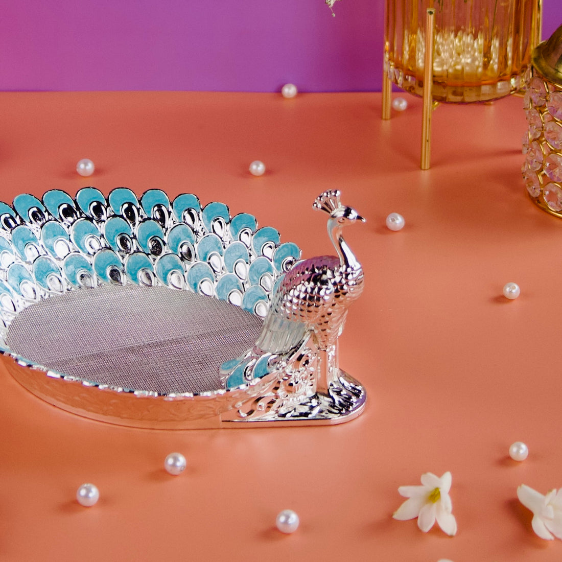 Silver Enamel Peacock Platter – Luxurious Decorative & Gifting Tray