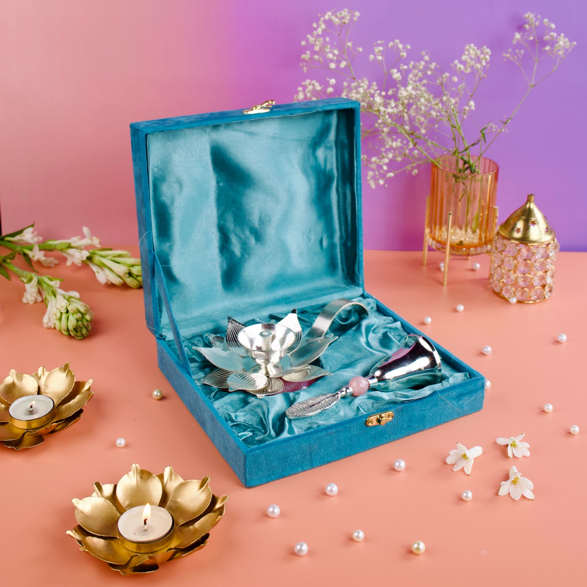 Brass Pink Enamel Silver Plated Diya & Bell Set – Elegant Festive Gift for Puja & Home