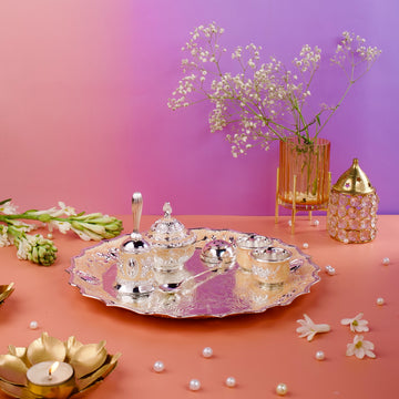 Elegant Puja Thali – Enamel & Silver Plated Divine Set