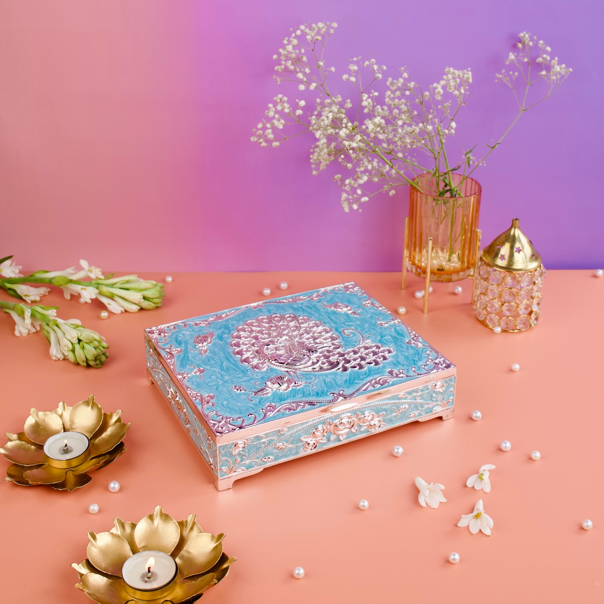 Peacock Enamel Dry Fruit Box – 4 Compartment