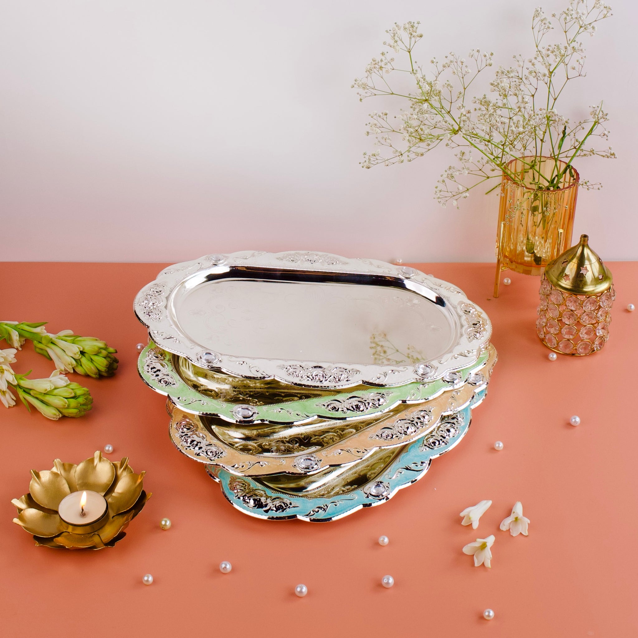 Premium Handcrafted Silver Enamel Serving Tray