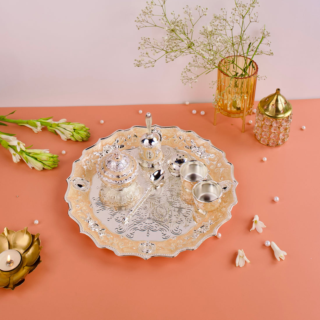 Elegant Puja Thali – Enamel & Silver Plated Divine Set