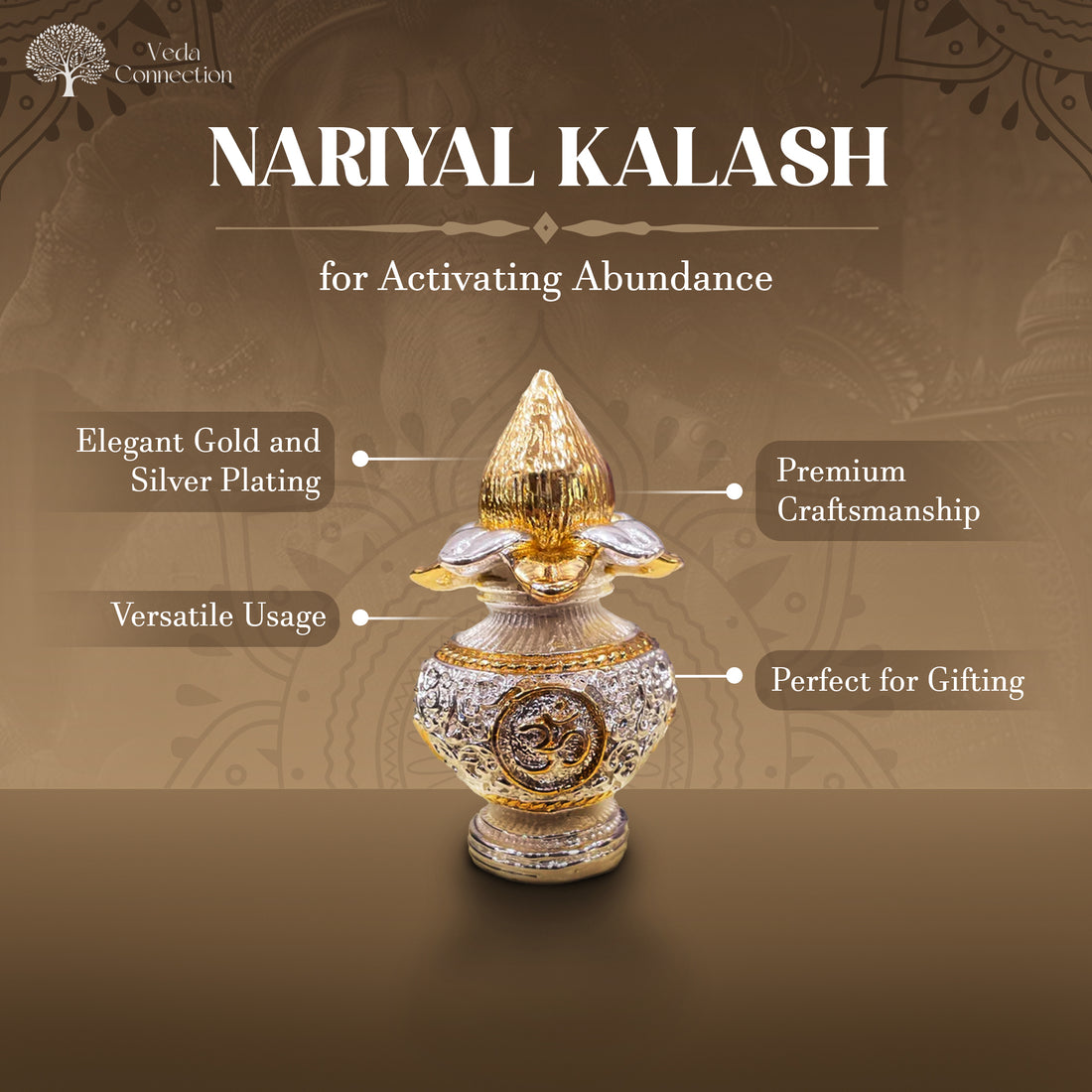 Nariyal Kalash for Activating Abundance - Gold and Silver Plated