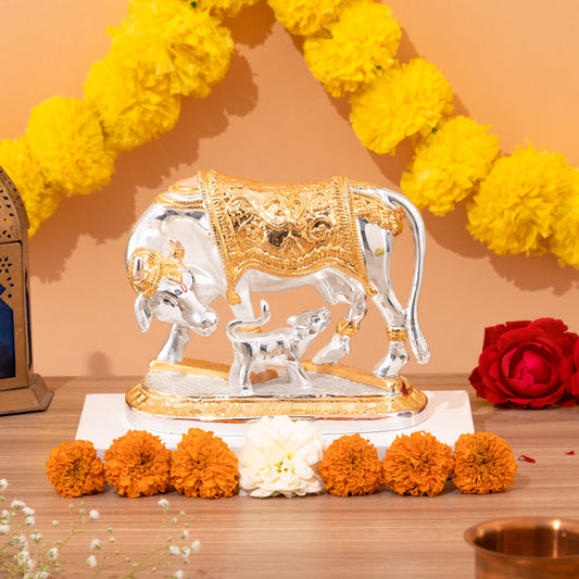 Vastu Kamdhenu Cow with Calf Idol Gold and Silver Plated Statue