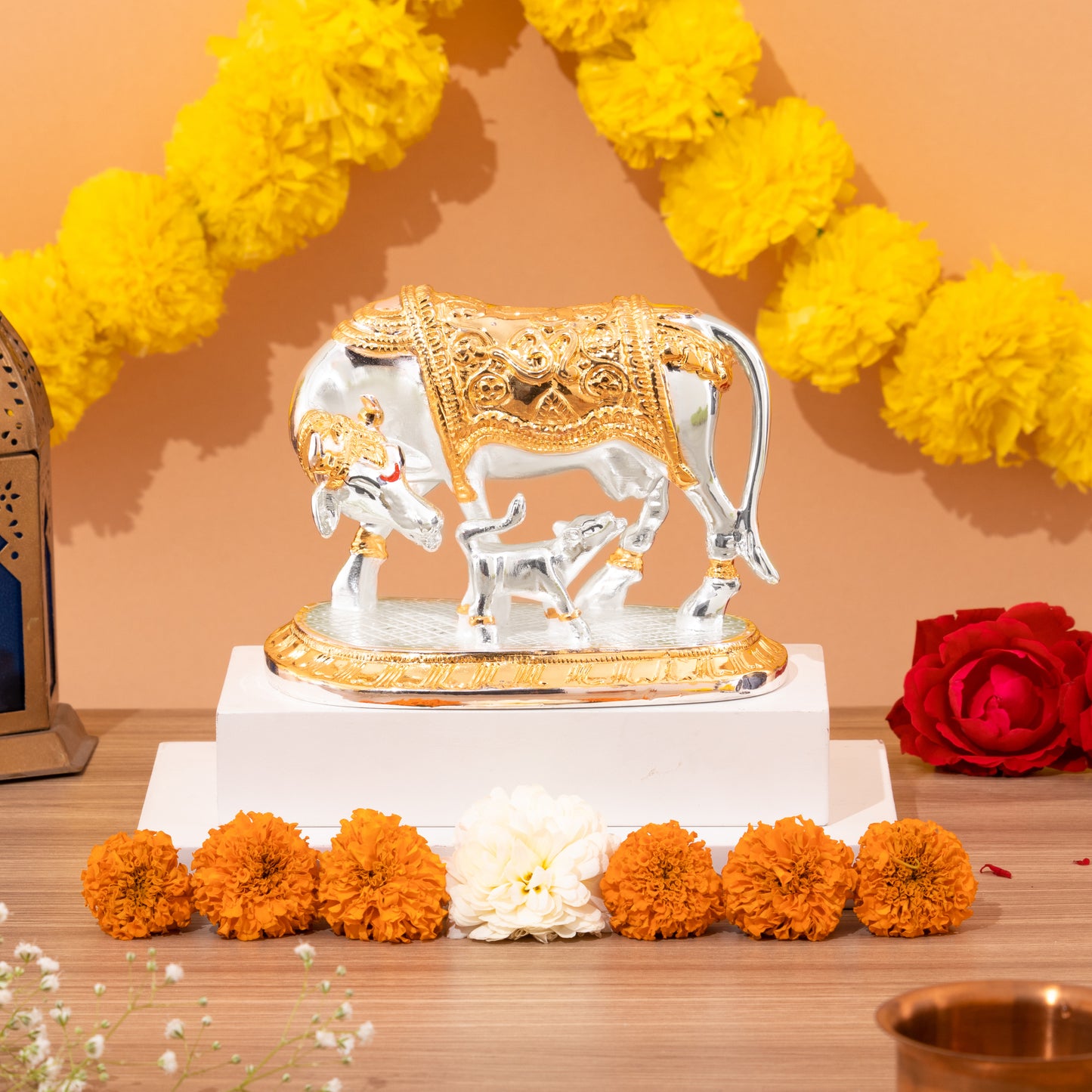 Vastu Kamdhenu Cow with Calf Idol Gold and Silver Plated Statue